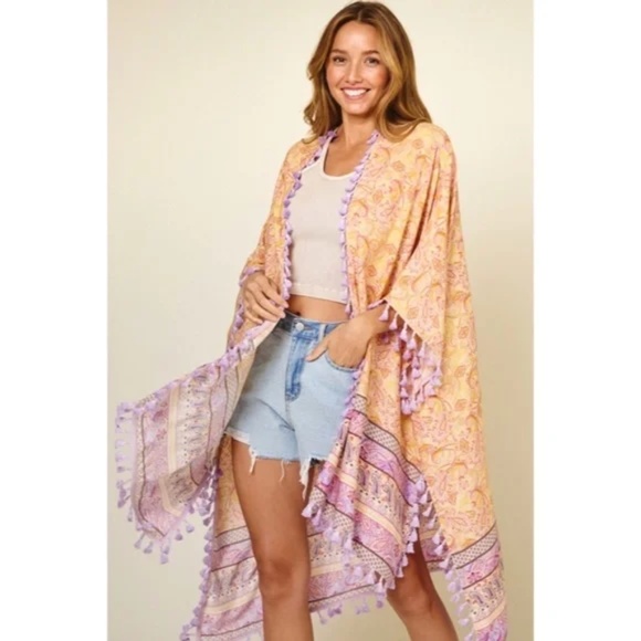 Lavender Paisley Printed Kimono Bohemian Cardigan w/ Tassels Fringe - Picture 1 of 6